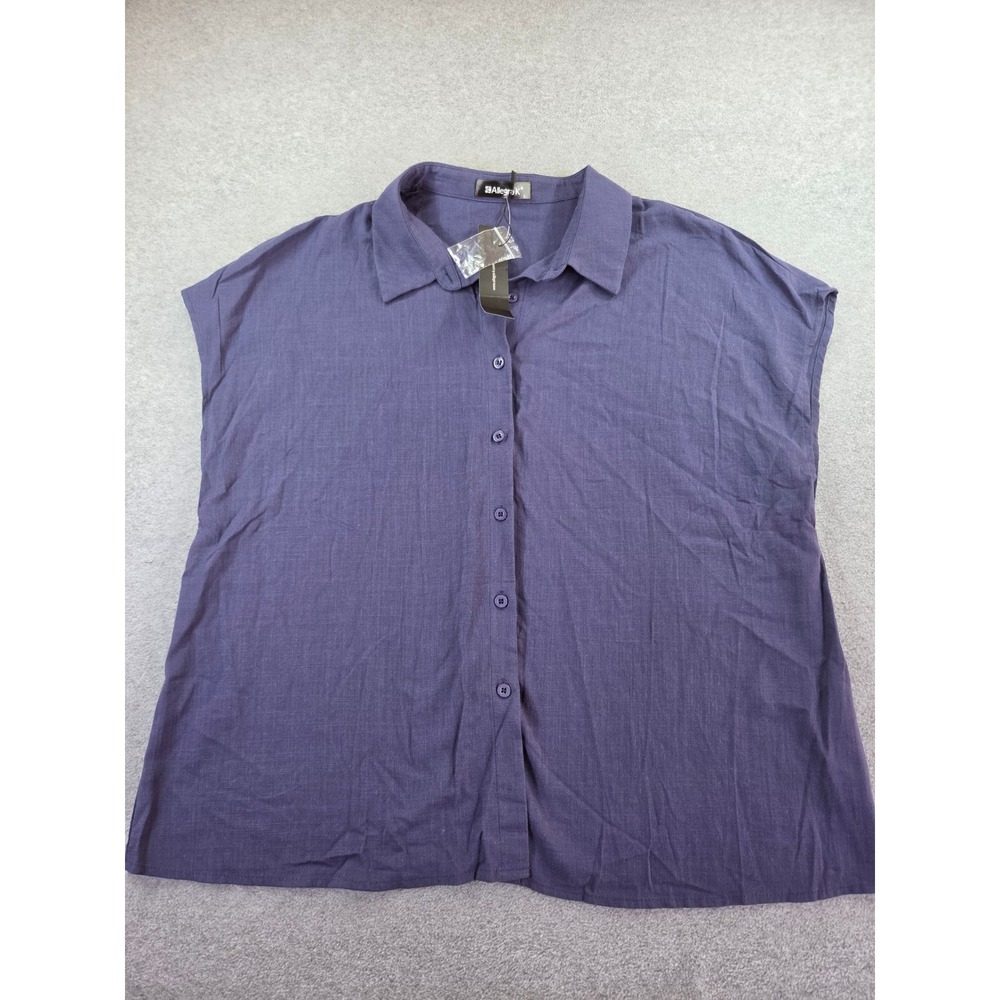 NWT Allegra K Large Purple Cotton Button Down Short Sleeve Shirt Collar Top